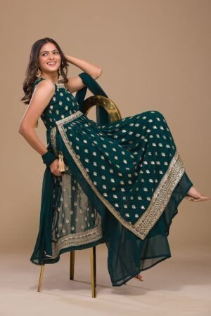 Peacock Blue Zariwork Georgette Readymade Salwar Suit