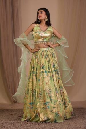 Parrot Green Cutdana Art Silk Readymade Lehenga
